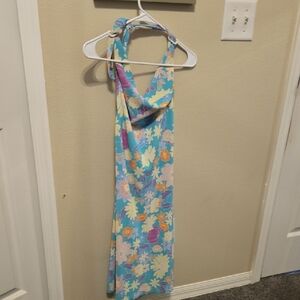 Floral Halter Dress in Blue and Pastel Colors